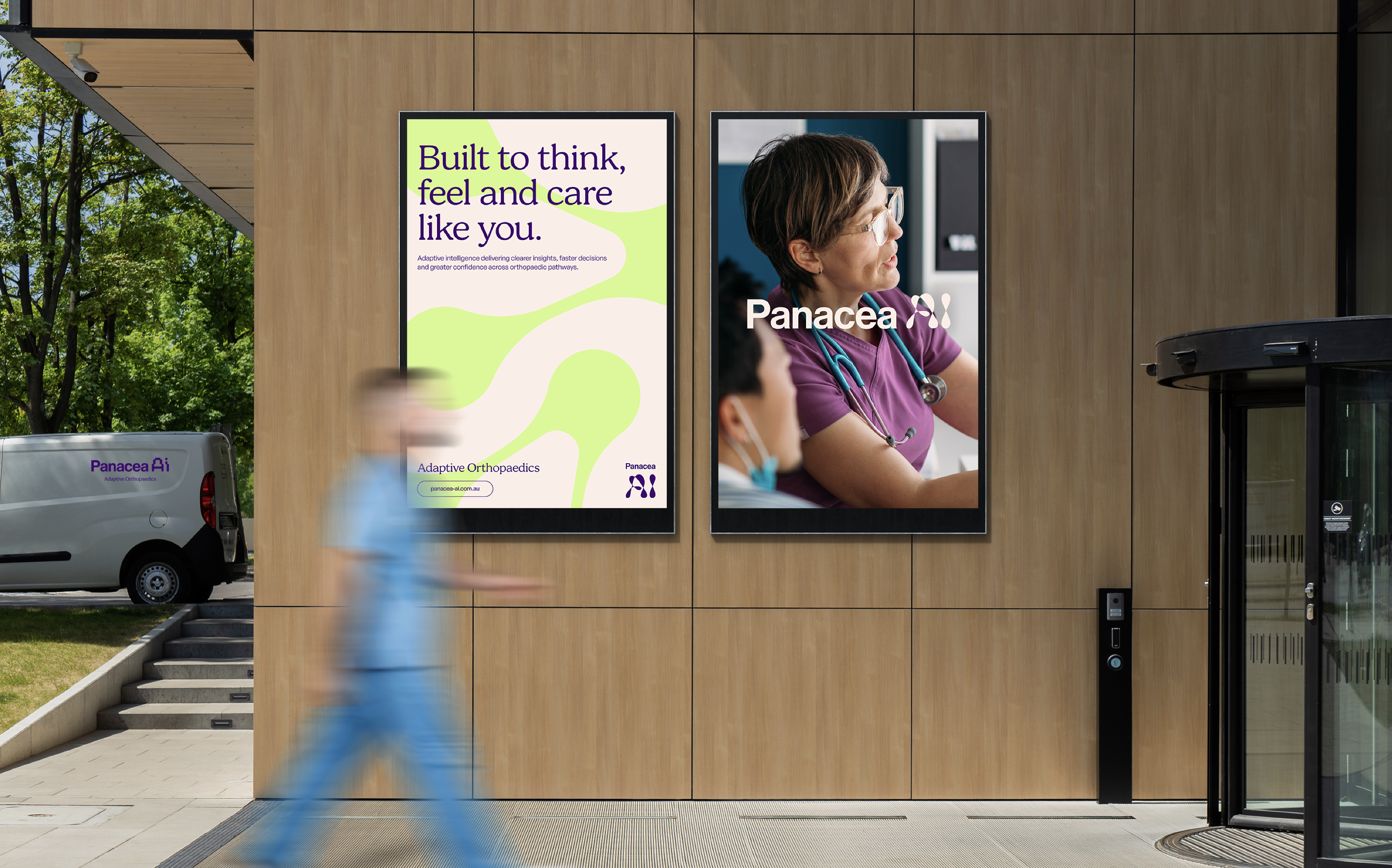 Panacea AI posters on a clinic building wall