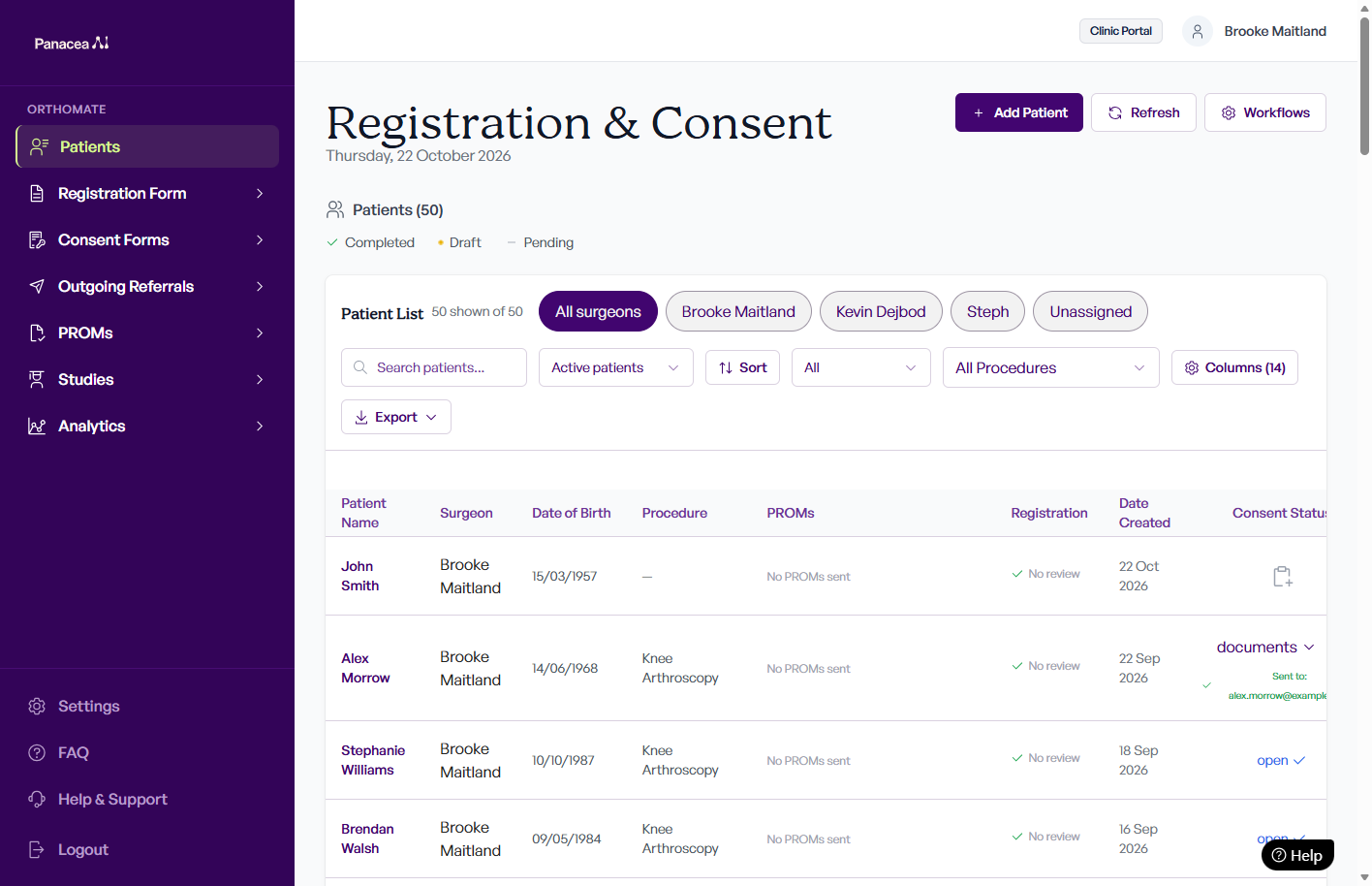 Registration and consent patient list