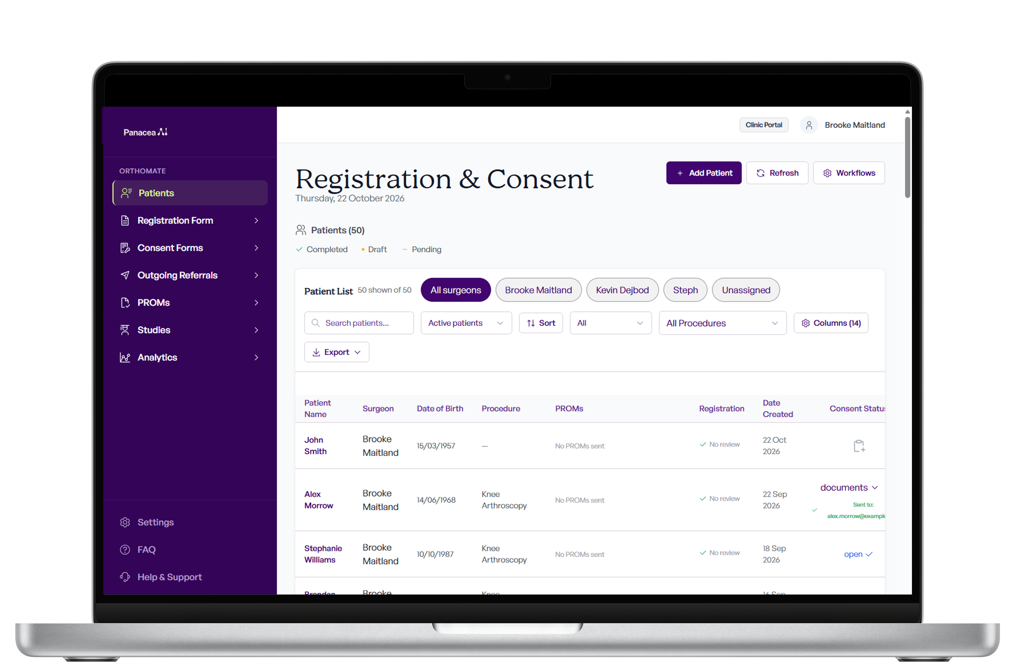 Panacea surgeon portal showing the registration and consent patient list